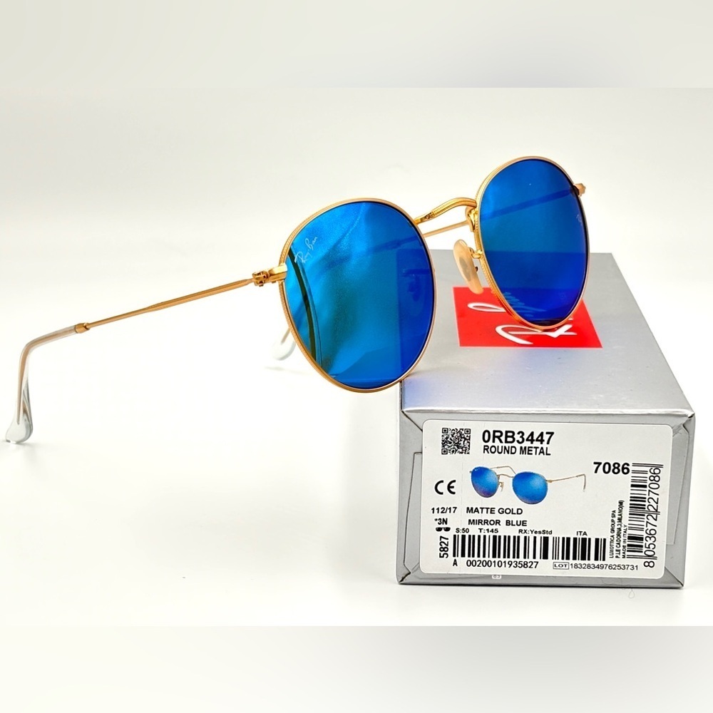 Ray-Ban Lennon Sunglasses RB3447 Round Classic Gold Frame Blue Flash Mirror - Picture 6 of 15